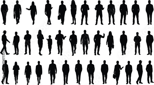 Silhouette people collection, walking, standing, gesturing, holding objects, black figures, human posture, movement study, professional poses, white background
