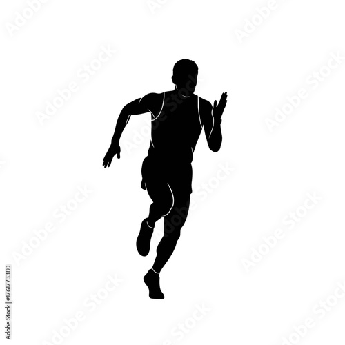 Silhouette of male sprinter running at full speed, athlete in dynamic motion showing power, focus and determination, black figure on transparent background, flat style