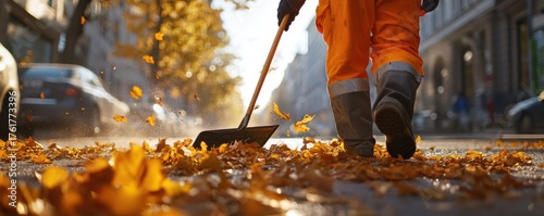 City sanitation worker sweeping autumn leaves.