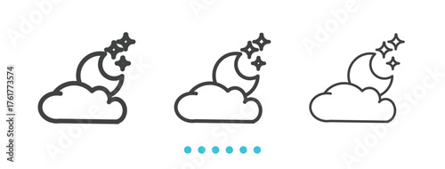 Moon and Stars Over a Cloud Icon. Thin line icon vector
