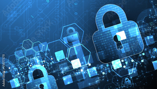 Abstract technological background on the topic of information protection. Various technological elements with padlocks inside which is a digital code.