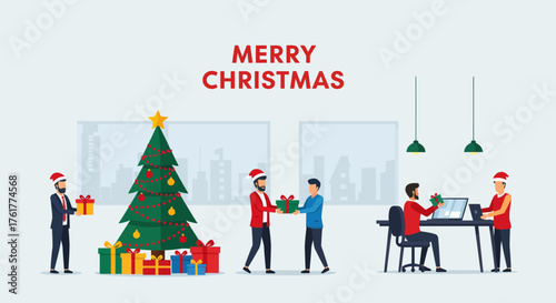 Vector illustration of business colleagues in Santa hats celebrating the holiday season, exchanging gifts in a festive office environment