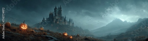 Eerie dreams: the spooky majesty of a haunted night. Grotesque style. Halloween enigma: a nighttime castle with fiery pumpkin surprise. Vibrant expression. Fantastical figures.