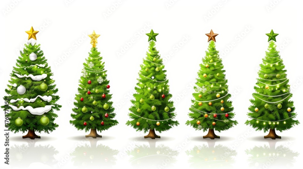 Fototapeta premium Collection of christmas trees isolated on a white background for holiday decor inspiration