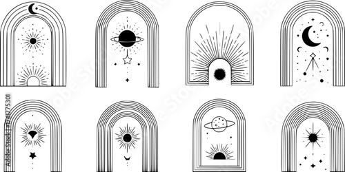 Linear boho arch frames. Bohemian arched borders shapes with stars, orbits and sun rays. Celestial and cosmic geometric minimalist decorative line art vector templates set with editable stroke path.