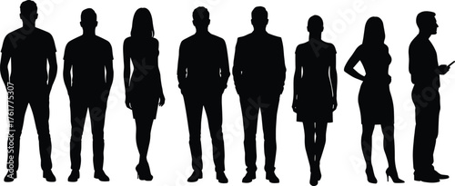 Silhouettes of diverse people, standing in row, casual and formal attire, human posture study, fashion design, anonymous figures, white background