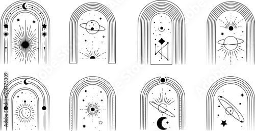 Linear boho arch frames. Bohemian arched borders shapes with stars, orbits and sun rays. Celestial and cosmic geometric minimalist decorative line art vector templates set with editable stroke path.