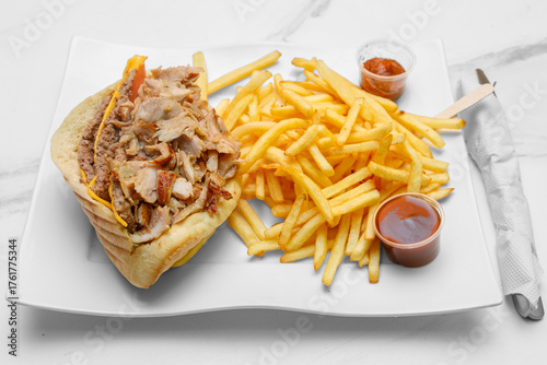 Sandwich royal sur une assiette avec des frites et sauces. Spécialité culinaire turque. Restauration rapide. Doner kebab. 	