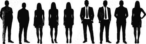 Silhouettes of people, casual and formal clothing, fashion contrast, standing in row, diversity in style, posture study, white background, anonymous figures