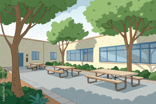Outdoor learning space with benches and a lush green tree.