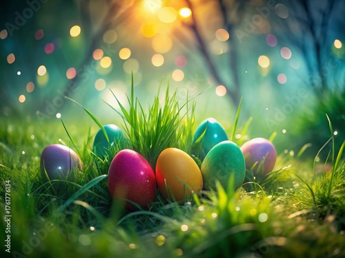 Colorful Easter Eggs in Grass, Double Exposure Effect, Spring Holiday