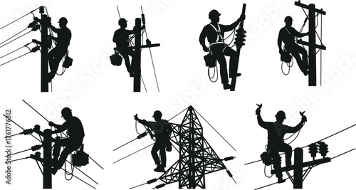 Electrical Line Workers Silhouette Set Performing Utility Pole and Tower Maintenance – Safety Gear, High Voltage Repair Vector Illustration Collection