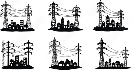 Electric power transmission towers and city buildings silhouette illustration showing energy distribution, urban electricity network, and infrastructure vector design