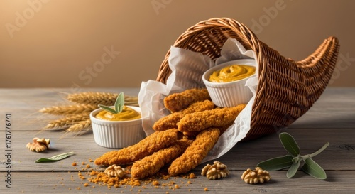 chicken images - A rustic basket spills over with golden, crispy chicken tenders next to two bowls of creamy mustard sauce, accompanied by wheat stalks and nuts on a warm wooden tabletop