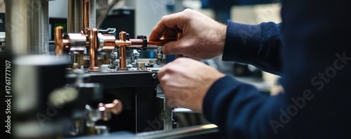 Technician assembling a heat pump system.