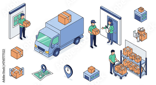 Delivery logistics process with truck and warehouse