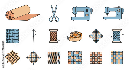 Sewing tools and fabric patterns collection