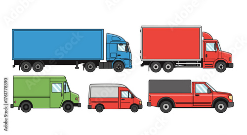 Various commercial vehicles side view colorful