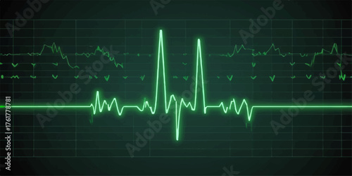 Cardiogram illustration showing a healthy heartbeat on an ECG monitor with a vibrant green line representing the pulse rate