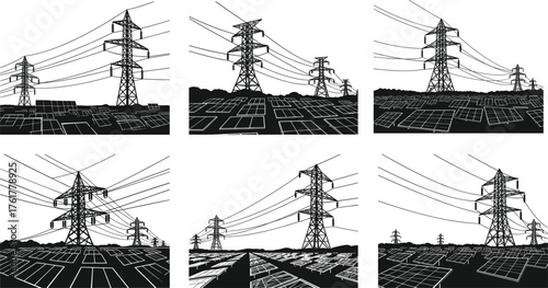 High voltage power lines with solar panels, energy transmission tower vector set, renewable electricity infrastructure silhouettes for green energy design