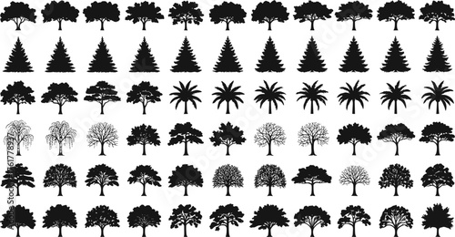 Tree silhouette grid, black tree icons, diverse tree shapes, coniferous, deciduous, palm trees, forest design, botanical chart, nature illustration, landscape reference