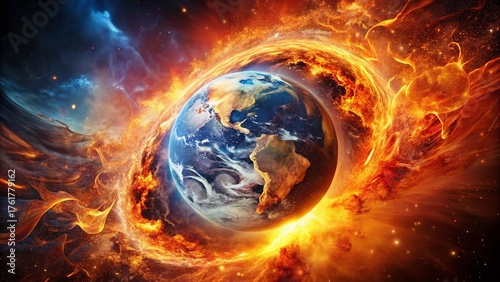 Cosmic Earth Fashion: Fiery Digital Planet with Glowing Aura