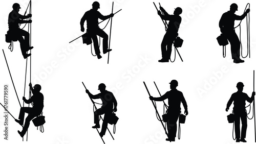 Rope Access Workers Silhouette Performing Vertical Maintenance Tasks with Safety Gear – Industrial Climbing, Inspection, and Construction Vector Illustration Set