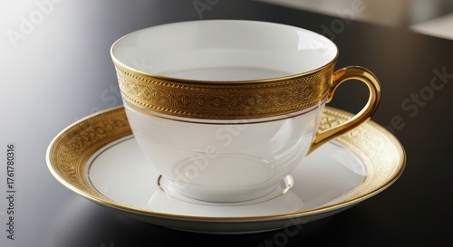Elegant white bone china teacup with golden details on dark surface
