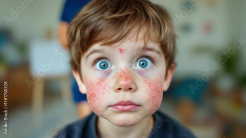 Surprised caucasian young boy with freckles wide-eyed indoors