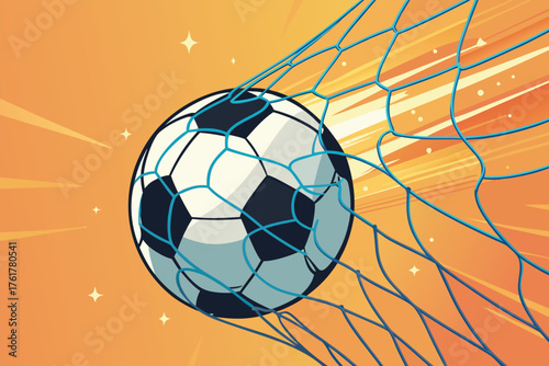 Soccer ball rips through a net after a goal, flat.