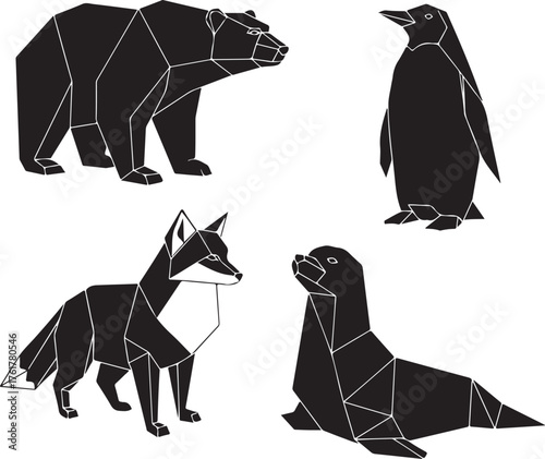 A set of arctic animals (polar bear, penguin, arctic fox, seal) rendered in a sharp, geometric origami style. Black vector figures isolated on a white background.