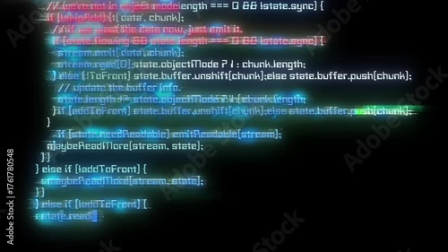 A cyberpunk style coding screen. Scrolling through the code with the effects of electrical failures and glow.