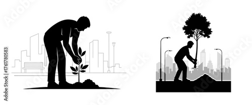 Silhouette of a person planting a small tree and another person planting a larger tree, both in an urban setting.