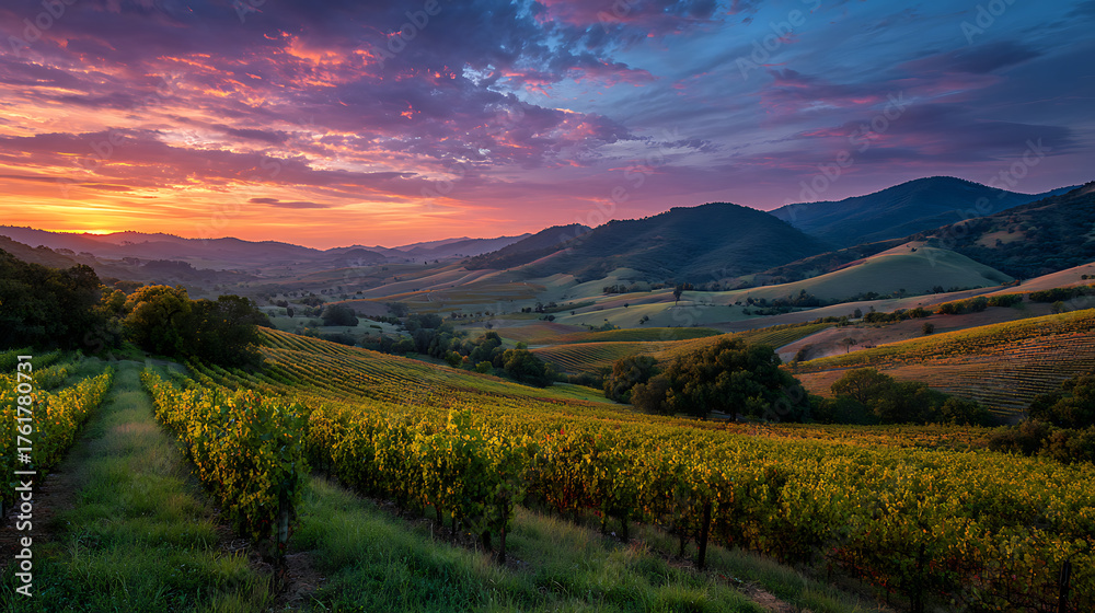 Naklejka premium Vibrant Sunset Over Cultivated Field with Rows of Crops and Rolling Hills in the Distance