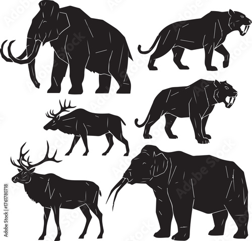 A collection of extinct prehistoric animals, such as a Woolly Mammoth and a Saber-toothed Tiger, in a strong, geometric, faceted style. Black silhouettes isolated on a white background.