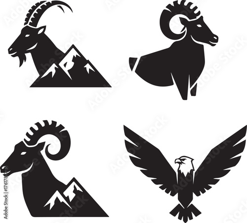 A set of mountain-dwelling animals (mountain goat, ram, eagle) designed as simple, bold, geometric logo marks. Clean vector shapes isolated on a white background.