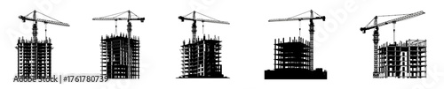 Five images of a construction site with a crane, showing the building process and development.