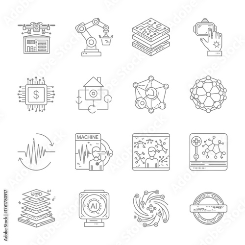Collection of Artificial Intelligence Linear Icons, Including ai chip, neural network, brain circuit, machine learning, automation, robot head, and innovation design.