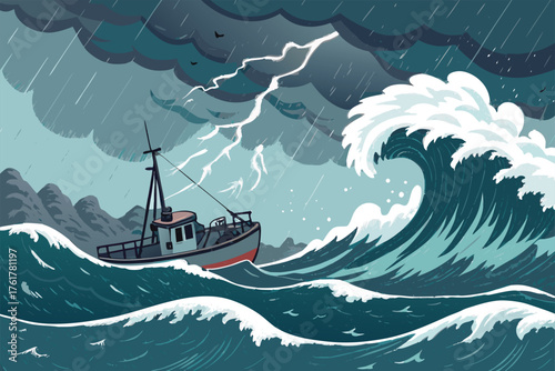 A small, battered fishing vessel bravely navigates a tempestuous, storm-tossed sea, waves crashing violently.
