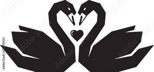 An elegant vector illustration of two geometric swans facing each other, their necks forming a heart shape. A minimalist black silhouette concept for love or weddings, isolated on a white background.