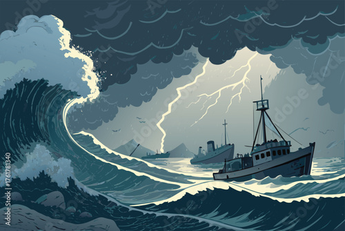 Dramatic vector poster of a stormy port disaster.