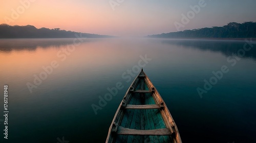 Tranquil sunrise over calm lake with wooden boat and misty horizon