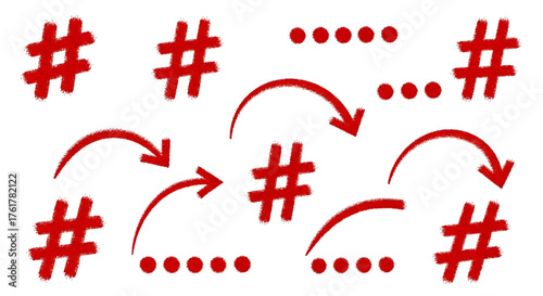 Red hashtags with arrows and dots showing a cyclical process or workflow on a white background isolated