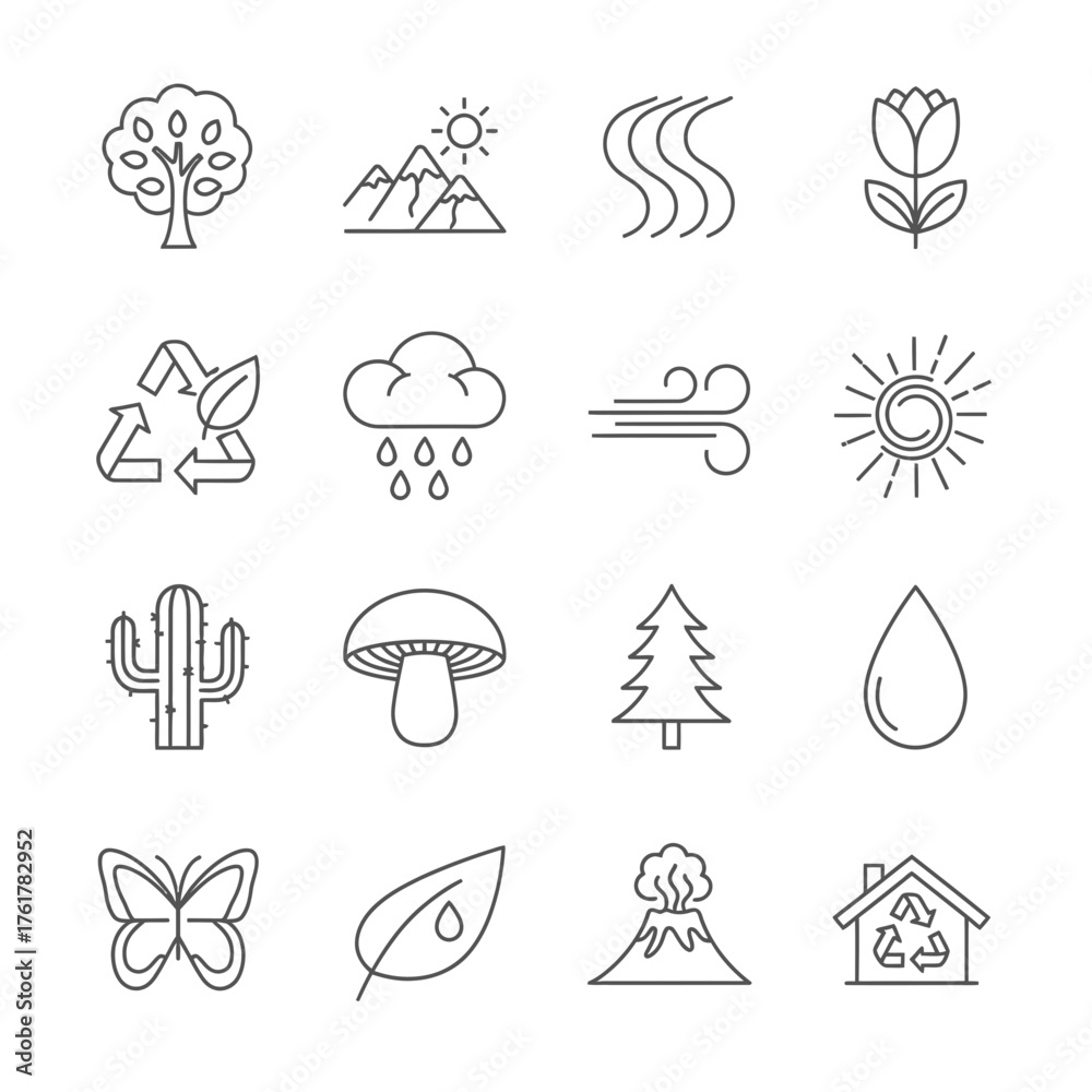 Fototapeta premium Nature, Environment, and Ecology Line Icons Set