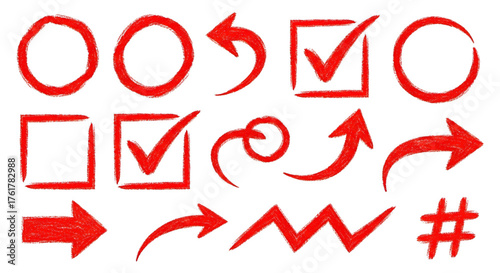 Red hand drawn arrows circles check marks and shapes for marking and highlighting vector illustration