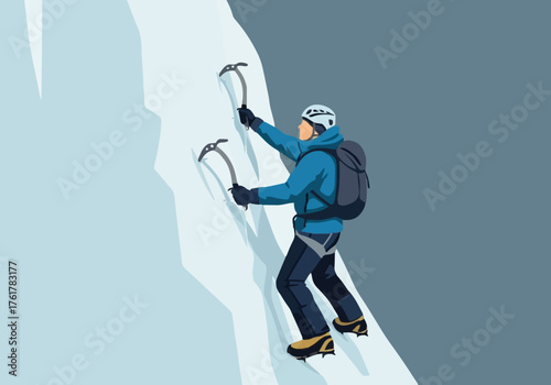 Brave ice climber ascending a steep frozen waterfall with axes.