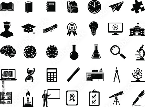 Education science academic glyph vector icons set. knowledge, book, student, graduate, brain, research, laboratory, black sign silhouette illustration