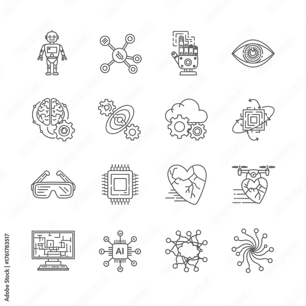 Obraz premium Robotics, Artificial Intelligence, and Technology Line Icons