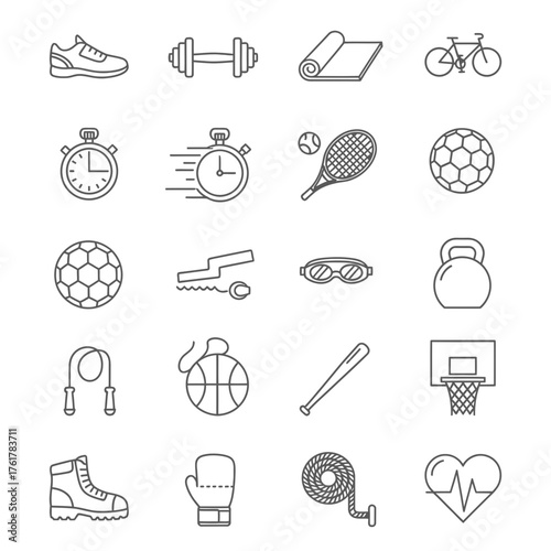 Sport, Fitness, and Exercise Equipment Line Icons