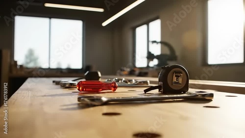 Close-up of Tools on a Workbench in a Brightly Lit Workshop